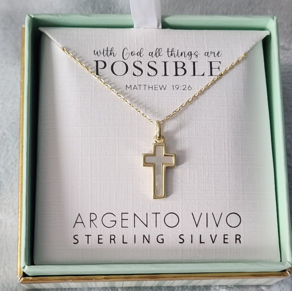 Gold on Sterling Silver Mother of Pearl Cross Pendant Necklace NEW!